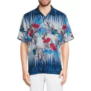 Tommy Bahama Mens 2XLB Silk Tropical Floral Ikat Camp Shirt Blue Short Sleeve